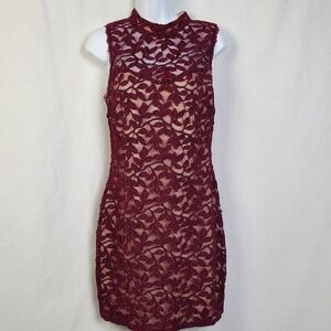Emerald Sundae Burgundy Lace Sleeveless Bodycon Mini Dress Size L Lined High Nec